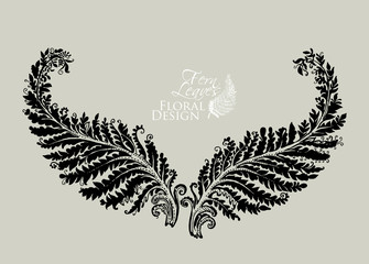 Hand drawn fairytale fern leaf plant. Symmetrically arranged two leaves of fern like wings. Vector illustration of a beautiful decor of nature element.