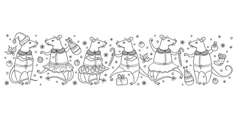 Horizontal border with outline black cute rat and winter decoration isolated on white background.