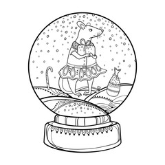  Outline snow globe or snowball with falling snowflake and cartoon rat in black isolated on white background. 