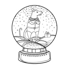 Outline snow globe or snowball with falling snowflake and cute rat in black isolated on white background. 