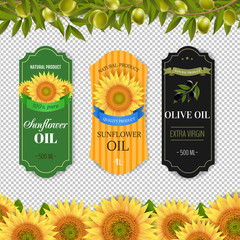 Sunflowers And Olive Oils Labels With Border Isolated Transparent Background