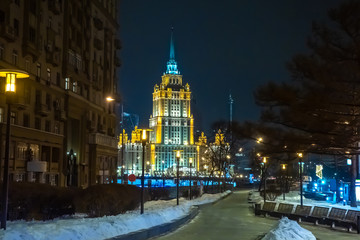 Winter Moscow. Russia. Snow on the streets of Moscow. The night capital in the Snow. Excursions in Moscow at night. A magnificent building in the capital. Russian architecture. Winter trip to Russia