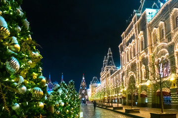 Russia. Moscow. Christmas market in red square. Excursions in New Year's Moscow. Celebrations in Moscow. Christmas lights on the buildings. Decorated capital. A trip to the Russia. New Year tree.