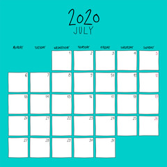 July 2020 wall calendar. Colorful sketch square template.
