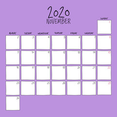 November 2020 wall calendar. Colorful sketch square template.