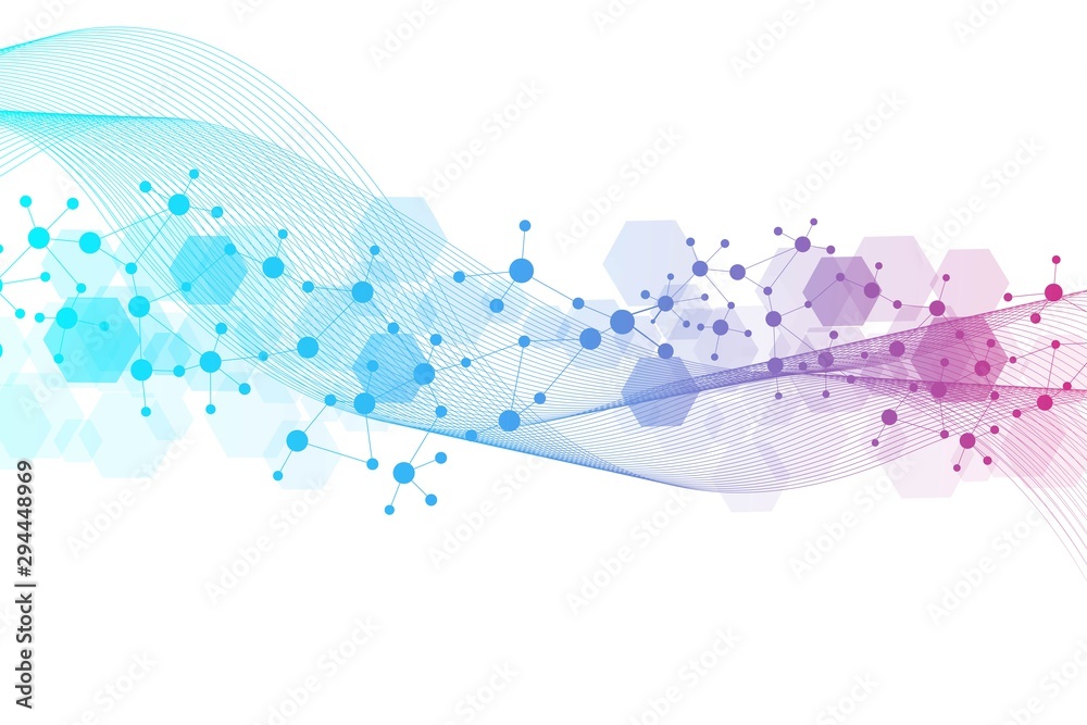 Fototapete Modern futuristic background of the scientific hexagonal pattern. Virtual abstract background with particle, molecule structure for medical, technology, chemistry, science. Social network vector