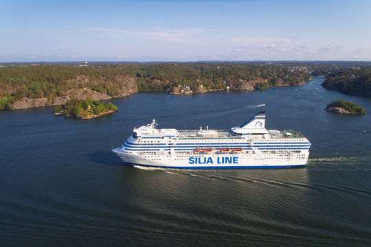 Lidingo, Sweden - July 31, 2018: Aerial view of the ropax Silja line ship Silja Serenade Stockholm to Helsinki