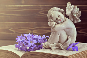 Guardian angel and hyacinth flower on old book