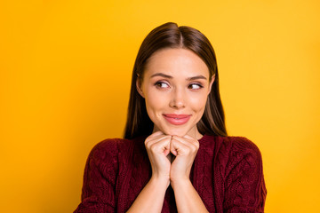 Close up photo of choosing girl making up her mind about something while isolated with yellow...