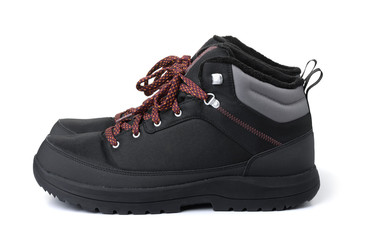  Side view of dlack waterproof hiking boots