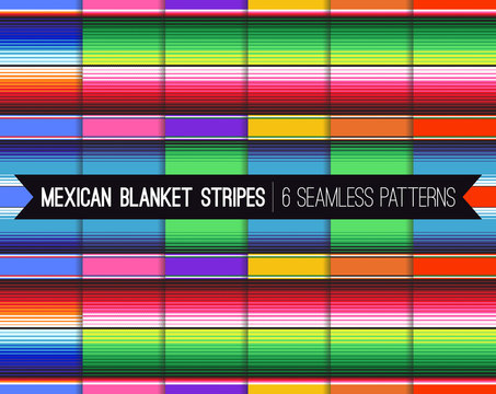 Pack of 6 Mexican Serape Blanket Stripes Seamless Vector Patterns in Vivid Colors. Backgrounds for Day of the Dead or Cinco de Mayo Decor. Rug Texture with Threads. Pattern Tile Swatches Included.