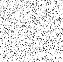 Small uneven spots and particles of debris. Abstract vector texture.  Distressed uneven background. Grunge texture overlay with fine grains isolated on white background. Vector illustration. EPS10.