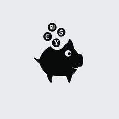 Standart piggy bank with coins. Isolated on grey background. Great for web, icon or your logo. Vector illustration with simply flat design