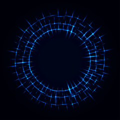 Abstract stipple background. Blue luminous circles. Azure glowing circle. Indigo light ring. Ultramarine sparking particles. Colorful ellipse. Bright border.