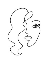 Abstract woman face with wavy hair. Black and white hand drawn line art. Outline vector illustration