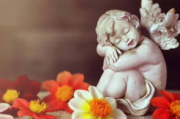 Close up of guardian angel and dahlia flowers