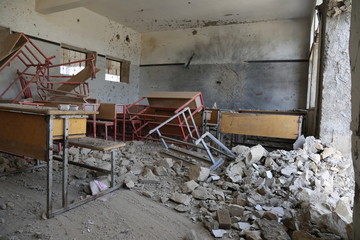 The effects of missiles and destruction on schools in Taiz City,Yemen . - obrazy, fototapety, plakaty