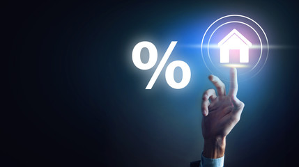 businessman and percent icon with home