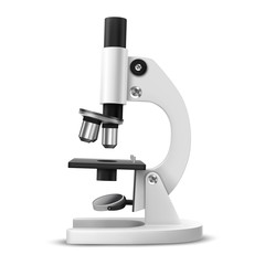 Realistic microscope side view. 3d lab or laboratory tool for magnifying. Magnification item for biology and chemical, medical research. White and black instrument for focusing. Macro lens