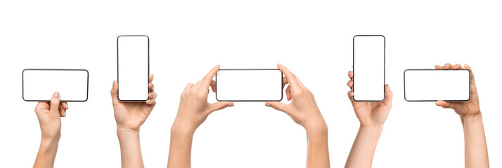 Set of female hands holding smartphone with blank screen