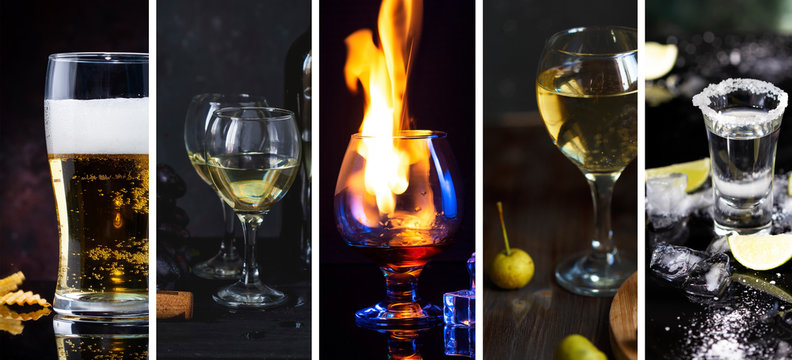 Collage from photo of alcoholic drinks. Dark background