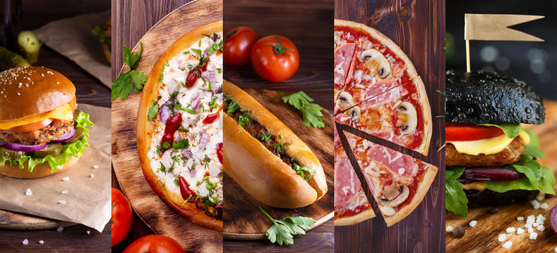 Collage of photos of fastfood. Pizza, Hamburger, Hot Dog