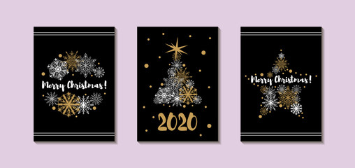 Set of Merry Christmas and Happy New Year vertical greeting cards with beautiful golden and white snowflakes on black background.