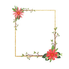 Shiny frame for the design of invitation or greeting cards with watercolor flowers and leaves.