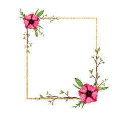 Shiny frame for the design of invitation or greeting cards with watercolor flowers and leaves.