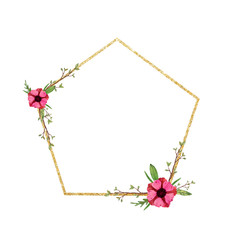 Shiny frame for the design of invitation or greeting cards with watercolor flowers and leaves.