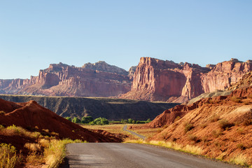 Scenic drive road cuts through the mountains at Capitol Reef National Park, Utah