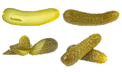 Set of marinated cucumbers isolated on a white background. Fermented food with spices.