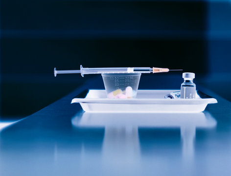 Medicine, Patients medicine in a tray including a drug dose and syringe