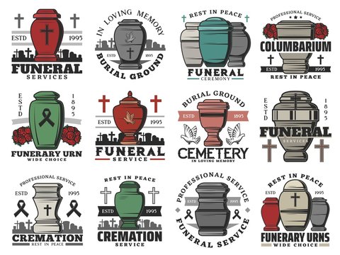Funeral cremation urns, cemetery tombstone crosses