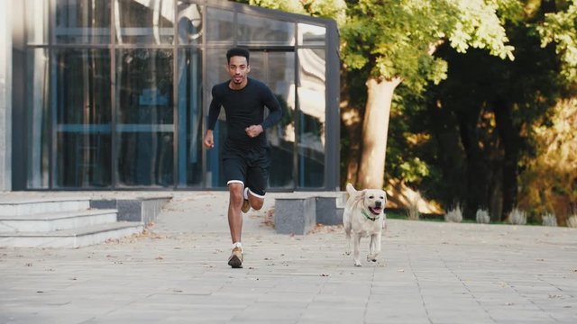 Young black man running with his white labrador dog through the city park during beautiful fall morning, super slow motion