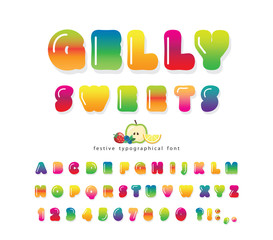 Sweet 3d gelly font. Cute cartoon letters and numbers for birthday card, baby shower, Valentines day, sweets shop, girls magazine, collages design. Isolated. Vector