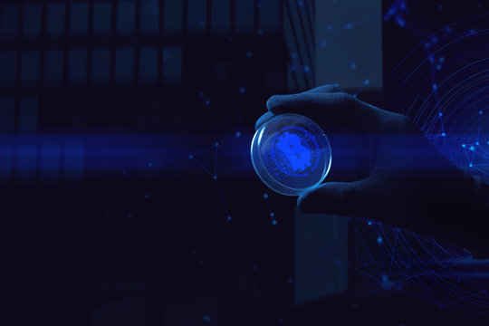 hand with ai data connect to social network for bitcoin money crypto currency trade business application concept, digital asset risk financial