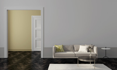 Living room with beige sofa and yellow wall of another room