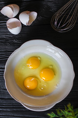 dough liquid, raw ingredients (eggs, flour, sugar, salt and more) menu concept. food background. copy space. Top view