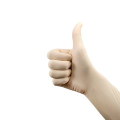 hand showing sign well excellent OK, rise thumb in sterile latex surgical glove isolated on white background