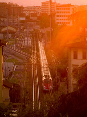 Italia, Firenze, tratto ferroviario e treno veloce al tramonto.