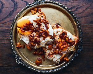 Hot homemade sandwiches with sauce, egg and wild mushrooms