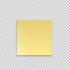 Realistic sticky with shadow. Mockup on transparent backdrop. Yellow empty paper. Blank sticker design. Poster banner. Post note sticker.