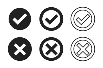 Black check cross isolated vector icon in modern style on white background. Tick icon. Black check mark icon. Test question.