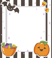Colorful cartoon vertical striped Halloween frame with pumpkin, funny bat and bowl with candies.