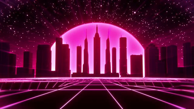 3D Reddish Pink Neon Retro Synthwave City VJ Loop Motion Background