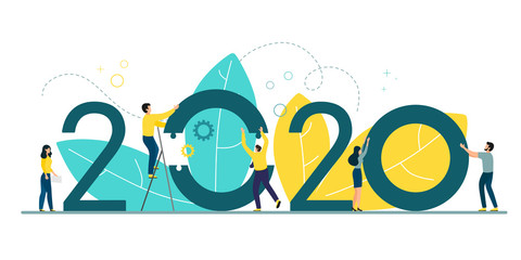 A successful business team builds its work in 2020. Business concept for 2020. Vector illustration in cartoon flat style.