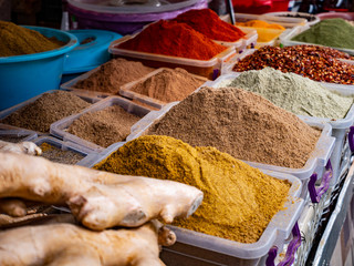 Spice market. Colorful Spices for sale at the farmer's market shops.