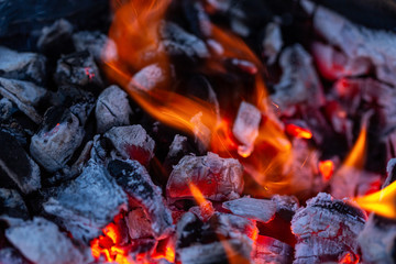 Embers in a bonfire, close-up view