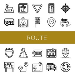 Set of route icons such as Route, Caravan, Highway, Gps, Yield, Bus stop, Navigator, Road sign, Road, Itinerary, Marker, Roundabout , route